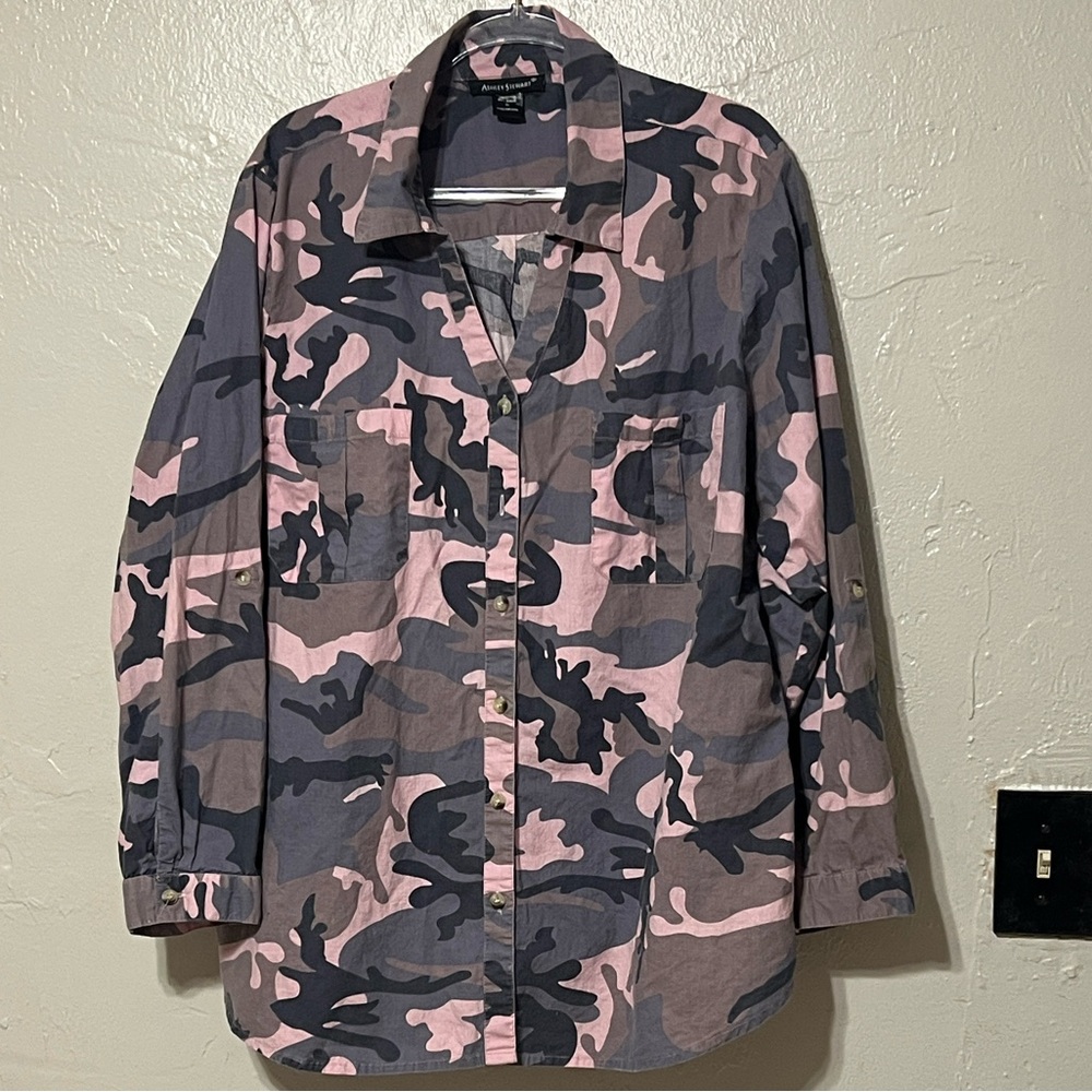 Ashley Stewart Pink and Gray Camouflage Shirt